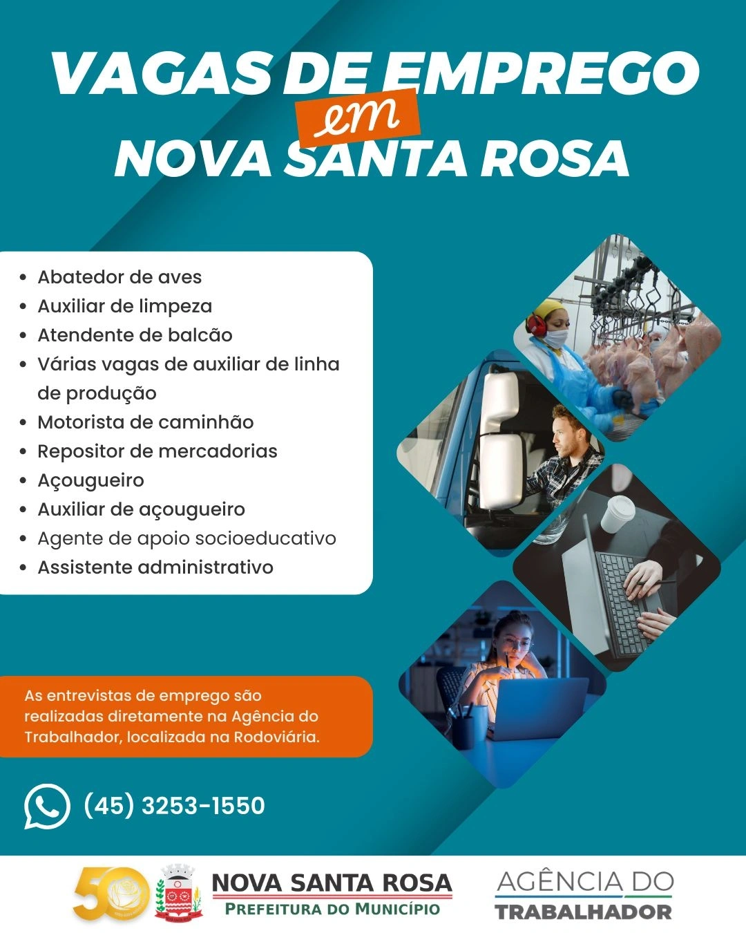 Novas vagas de emprego estão disponíveis e Agência do Trabalhador passa a atender também pelo WhatsApp