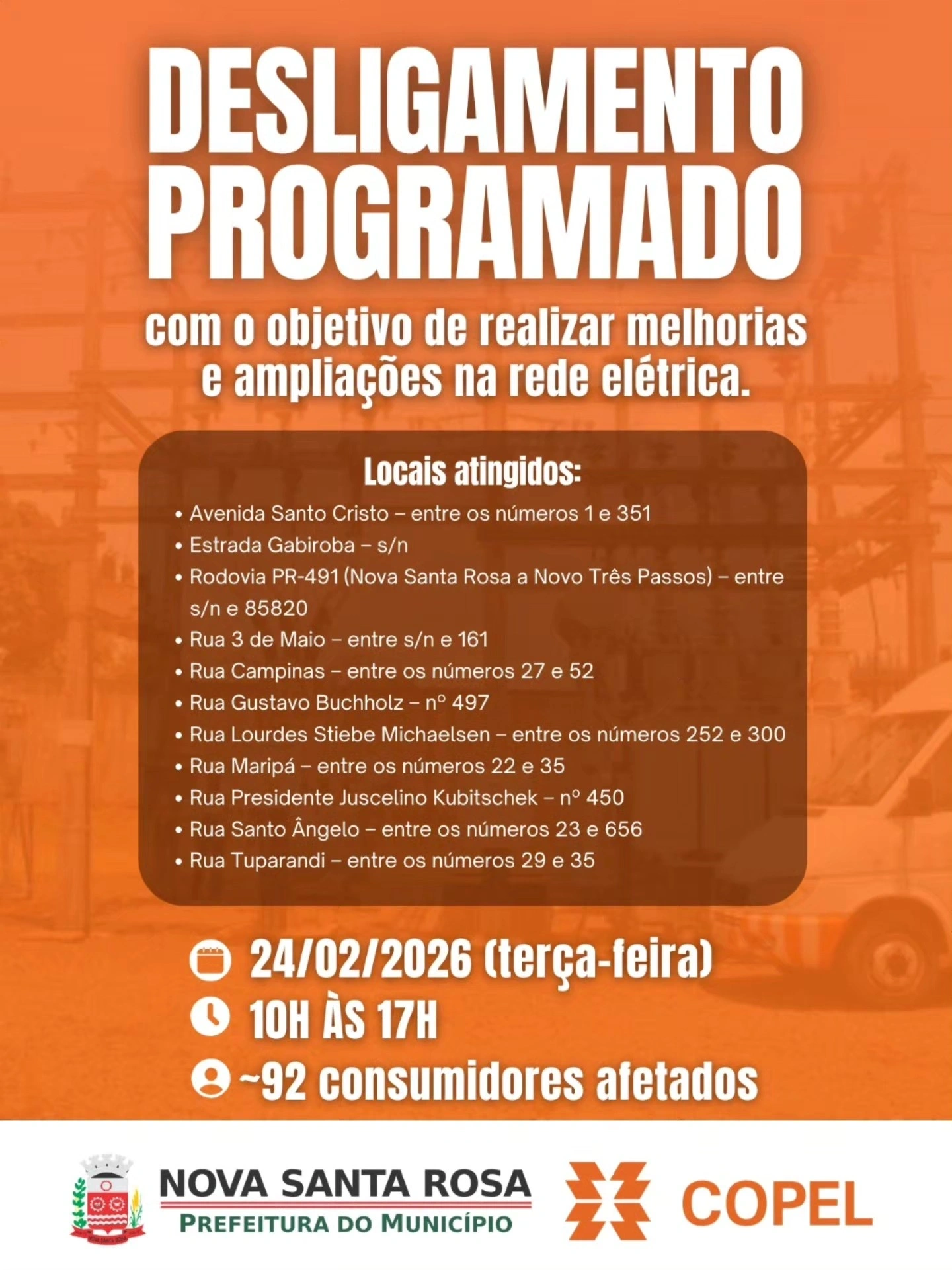 Desligamento programado de energia afetará 92 unidades consumidoras em Nova Santa Rosa nesta terça-feira (24)