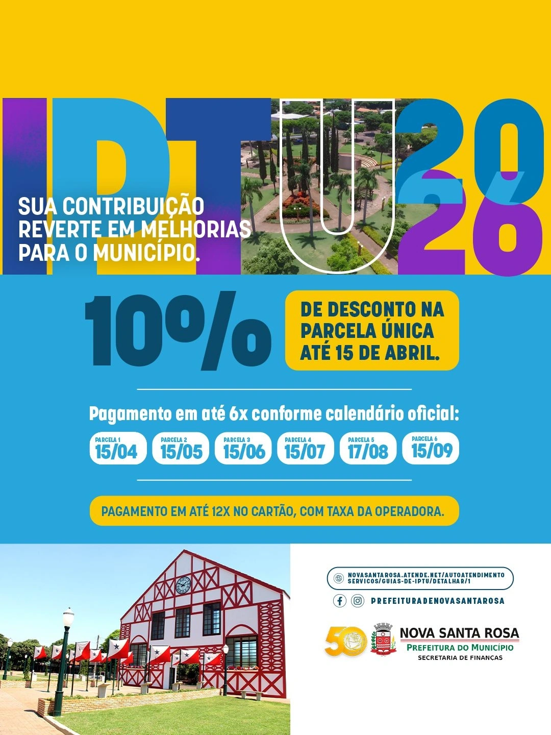 IPTU 2026 terá 10% de desconto para pagamento em parcela única até 15 de abril em Nova Santa Rosa