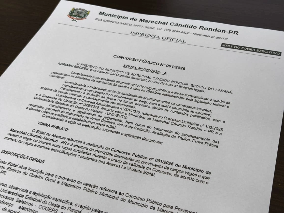 Abertas as inscrições para Concurso Público na prefeitura de Marechal Cândido Rondon